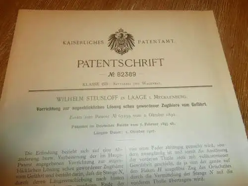 original Patent - Wilhelm Steusloff in Laage i. Mecklenburg , 7.02.1895 , Apparat für Zugtiere , Pferde , Tierzucht !!