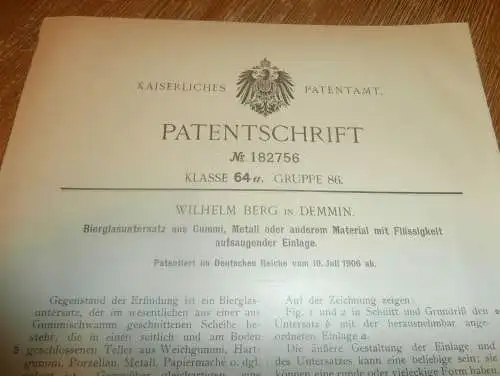 original Patent - Wilhelm Berg in Demmin i. Mecklenburg , 10.07.1906 , Bierdeckel , Bierglas - Untersetzer , Kneipe  !!