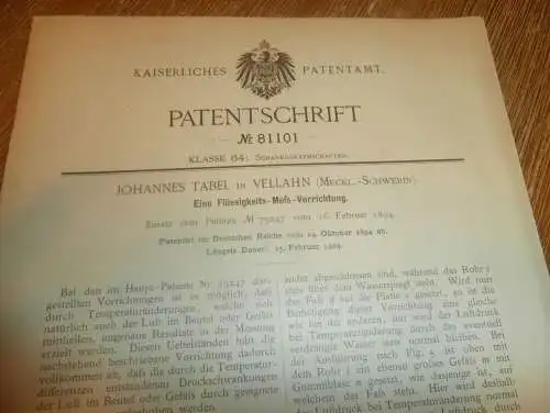 original Patent - Johannes Tabel in Vellahn i. Mecklenburg , 24.10.1894 , Meßapparat , Schankwirtschaft !!