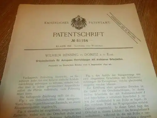 original Patent - Wilhelm Henning in Dömitz i. Mecklenburg , 8.09.1894 , Schloss für Kutschen , Einspänner !!