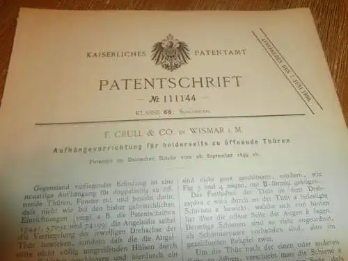 original Patent - F. Crull & Co in Wismar i. Mecklenburg , 28.09.1899 , Apparat für Fenster und Türen , Fensterbau !!