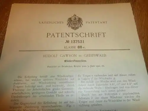 original Patent - Rudolf Gawron in Greifswald i. Mecklenburg , 5.06.1901 , Windkraftmaschine , Windrad !!