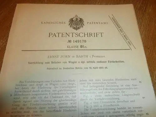 original Patent - Ernst Zorn in Barth i. Mecklenburg , 18.04.1902 , Ladeapparat für Wagen   !!!