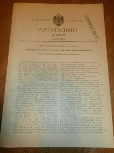 original Patent - Ernst Zorn in Barth i. Mecklenburg , 18.04.1902 , Ladeapparat für Wagen   !!!