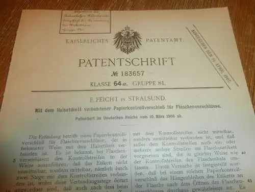 original Patent - E. Feicht in Stralsund i. Mecklenburg , 10.03.1906 , Verschluss für Flaschen , Brauerei !!!