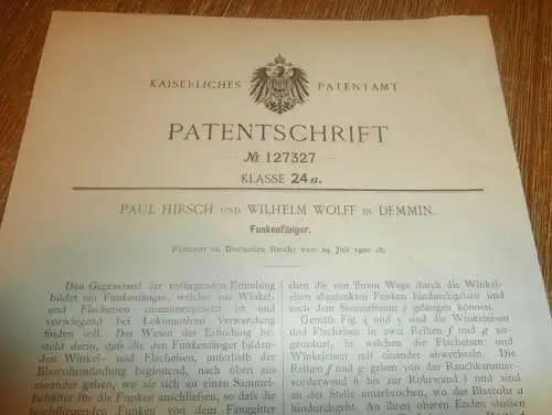 original Patent - Paul Hirsch und Wilhelm Wolff in Demmin i. Mecklenburg , 24.07.1900 , Funkenfänger , Lokomotive !!!