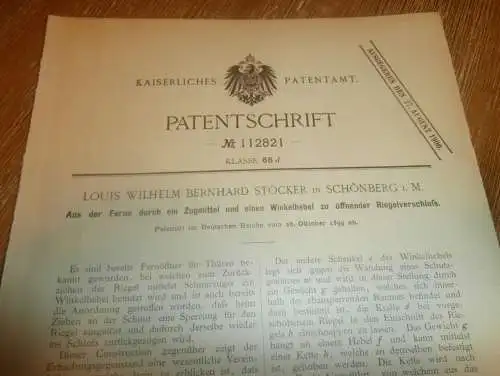 original Patent - Louis Wilhelm Stöcker in Schönberg i. Mecklenburg , 28.10.1899 , Öffner für Türen , Fensterbau !!!