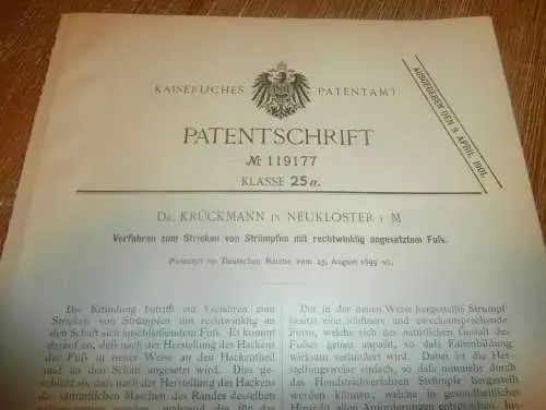 original Patent - Dr. Krückmann in Neukloster i. Mecklenburg , 15.08.1899 , Stricken von Strümpfen , Strickerei !!!