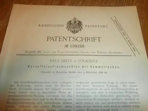 original Patent - Paul Dietz in Löcknitz i. Mecklenburg , 2.11.1898 , Kartoffel - Maschine , Agrar , Landwirtschaft !!!