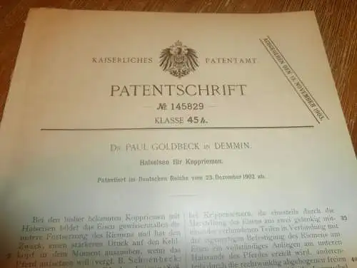 original Patent - Dr. Paul Goldbeck in Demmin i. Mecklenburg , 23.12.1902 , Halseisen für Pferde !!!