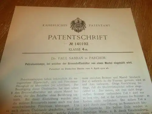 original Patent - Dr. Paul Sabban i. Mecklenburg , 8.04.1902 , Petroleumlampe , Lampe , Petroleum !!!