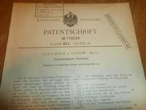 original Patent - Julius Koch in Grabow i. Mecklenburg , 19.07.1905 , Reuse für Fische , Fischerei , Fischer !!!