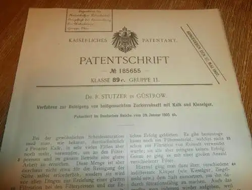 original Patent - Dr. R. Stutzer in Güstrow i. Mecklenburg , 29.01.1905 , Zuckerrohr , Zucker , Saft !!!