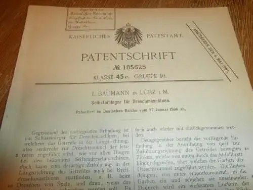 original Patent - L. Baumann in Lübz i. Mecklenburg , 27.01.1906 , Dreschmaschine , Agrag , Bauer , Ernte !!!