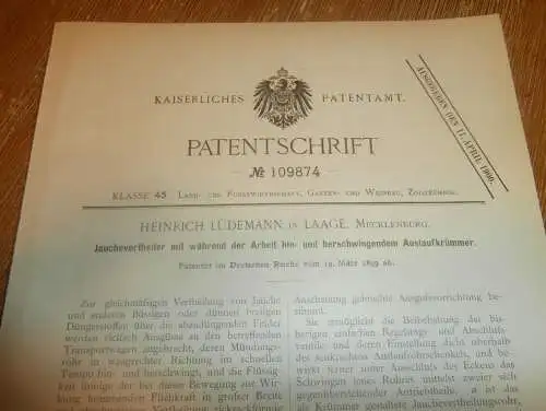 original Patent - Heinrich Lüdemann in Laage i. Mecklenburg ,19.03.1899 Jaucheverteiler , Agrar , Landwirtschaft , Bauer