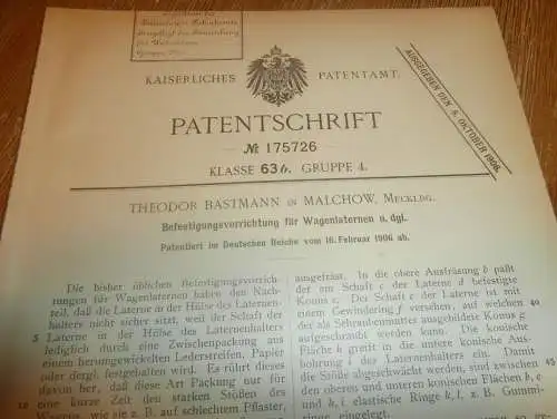 original Patent - Theodor Bastmann in Malchow i. Mecklenburg , 16.02.1906 , Laterne für Wagen , Automobile , Kutsche !!!