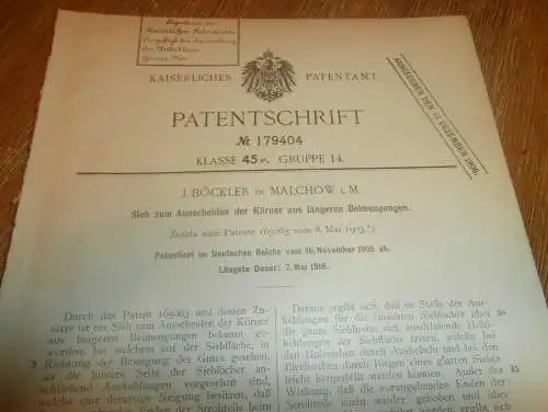 original Patent - J. Böckler in Malchow i. Mecklenburg , 16.11.1905 , Sieb für Körner !!!