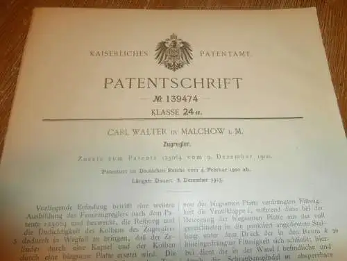 original Patent - Carl Walter in Malchow i. Mecklenburg , 4.02.1902 , Zugregler , Feuerung !!