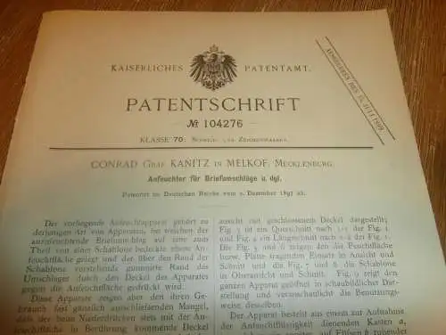 original Patent - Conrad Graf Kanitz in Melkof b. Vellahn i. Mecklenburg , 2.12.1897 , Briefumschläge - Anfeuchter !!