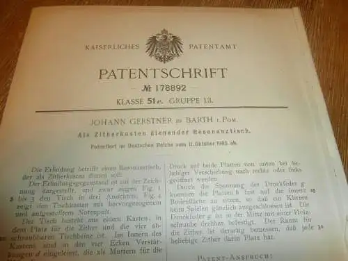 original Patent - Johann Gerstner in Barth i. Mecklenburg , 11.10.1905 , Zither - Kasten , Instrument , Musik !!!