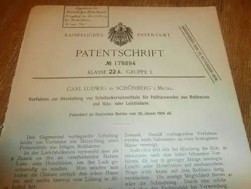 original Patent - Carl Ludwig in Schönberg i. Mecklenburg ,  26.01.1904 , Schellack für Politur , Reinigung !!!