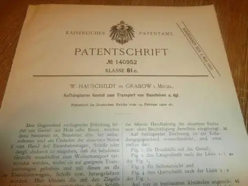 original Patent - W. Hauschildt in Grabow i. Mecklenburg ,  19.02.1902 , Transport von Steinen , Eisenbahn , Schiff !!!