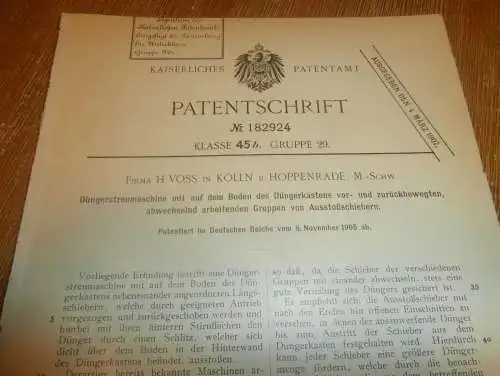 original Patent - H. Voss in Hoppenrade i. Mecklenburg , 8.11.1905 , Dünger-Streumaschine , Agrar , Bauer , Landwirt !!!