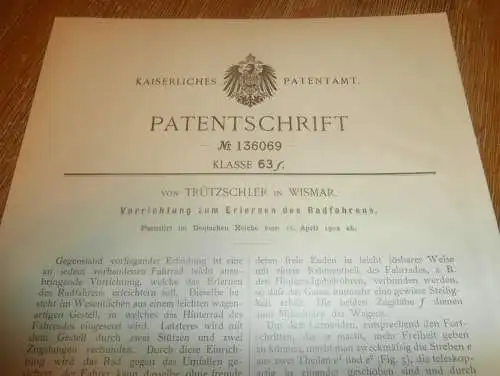 original Patent - von Trützschler in Wismar i. Mecklenburg , 11.04.1902 , Apparat für Fahrrad !!!