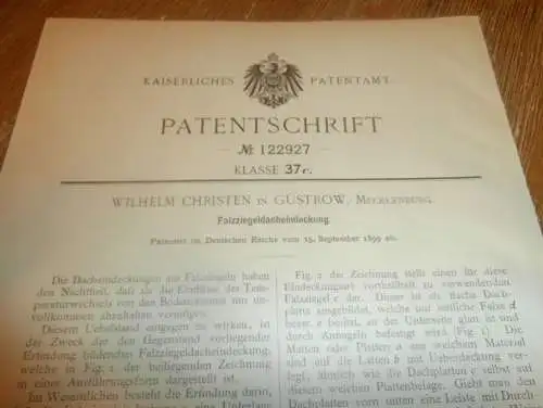 original Patent - Wilhelm Christen in Güstrow i. Mecklenburg ,19.09.1899 , Falz-Ziegel Deckung , Dach , Dachdecker !!!