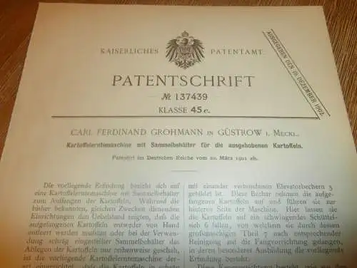 original Patent - Carl Ferdinand Grohmann in Güstrow i. Mecklenburg , 20.03.1901 , Kartoffel-Erntemaschine , Agrar !