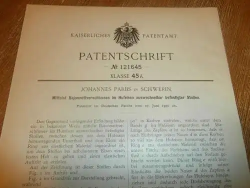 original Patent - Johannes Parbs in Schwerin i. Mecklenburg , 27.06.1900 , Stollen für Hufeisen , Pferde !