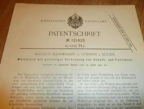 original Patent - Magnus Markwardt in Göhren a. Rügen i. Mecklenburg , 25.04.1900 , Walkblock für Schuhe , Schuhmacher !