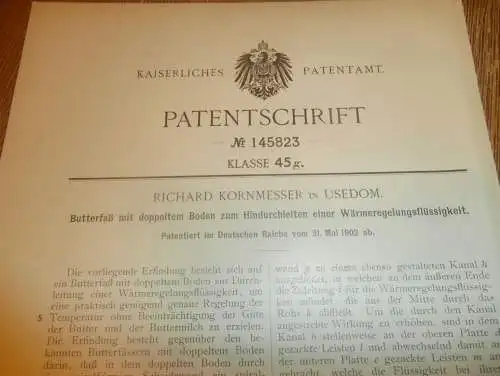 original Patent - Richard Kornmesser in Usedom i. Mecklenburg , 31.05.1902 , Butterfaß , Butter , Molkerei !!!