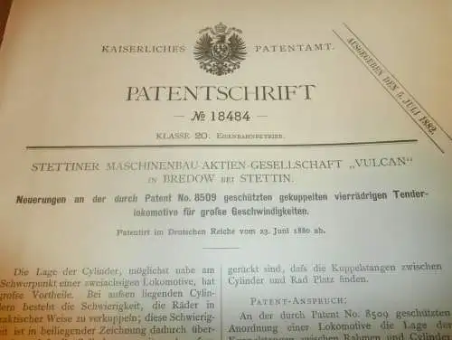 original Patent - VULCAN AG in Bredow b. Stettin , 23.06.1880 , Tender - Lokomotive , Eisenbahn !!!