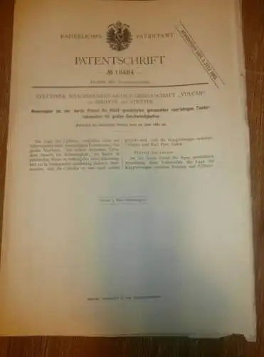 original Patent - VULCAN AG in Bredow b. Stettin , 23.06.1880 , Tender - Lokomotive , Eisenbahn !!!