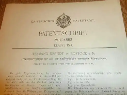 original Patent - Hermann Krandt in Rostock i. Mecklenburg , 15.12.1900 , Trockner für Papier , Druckerei , Druck !!!