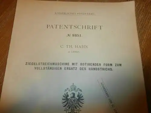 original Patent - C.TH. Hahn in Lebbin i. Mecklenburg , 1879 , Maschine für Ziegel , Ton , Ziegelei , Töpferei !!!