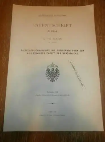 original Patent - C.TH. Hahn in Lebbin i. Mecklenburg , 1879 , Maschine für Ziegel , Ton , Ziegelei , Töpferei !!!