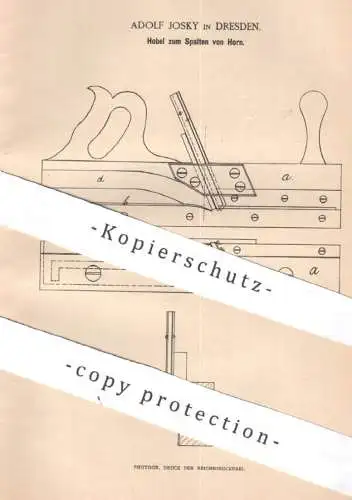 original Patent - Adolf Josky , Dresden , 1887 , Hobel zum Spalten von Horn | Messer , Klinge , Hobeln | Elfenbein