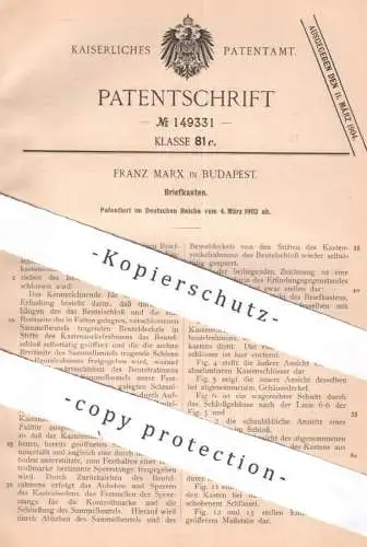 original Patent - Franz Marx , Budapest Ungarn | 1902 | Briefkasten | Brief , Briefe , Post , Beutel , Sack , Briefsack