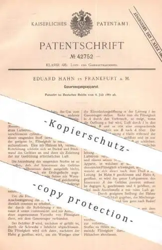 original Patent - Eduard Hahn , Frankfurt / Main , 1887 , Gaserzeugungsapparat | Gaserzeugung | Gas , Benzin , Gasmotor