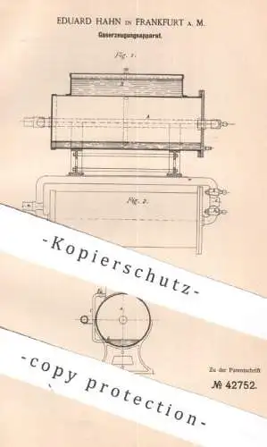 original Patent - Eduard Hahn , Frankfurt / Main , 1887 , Gaserzeugungsapparat | Gaserzeugung | Gas , Benzin , Gasmotor