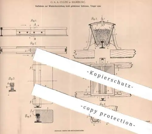 original Patent - G. A. A. Culin , Hamburg 1903 , Wiederherstellung breit gefahrener Schienen ,Träger | Gleis Eisenbahn