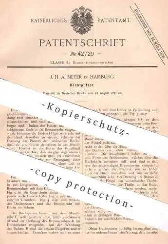 original Patent - J. H. A. Meyer , Hamburg , 1887 , Dochtputzer | Docht , Kerzen , Brenner , Öllampe , Petroleumlampe !!