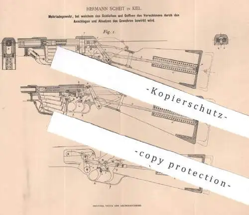 original Patent - Hermann Scheit , Kiel , 1894 , Mehrladegewehr | Gewehr , Waffe Waffen, Schusswaffe , Patronen Militär