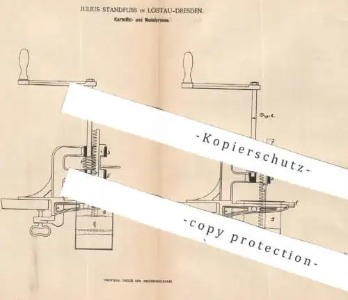 original Patent - Julius Standfuss , Dresden / Löbtau , 1887 , Kartoffelpresse , Nudelpresse | Presse Pressen , Haushalt