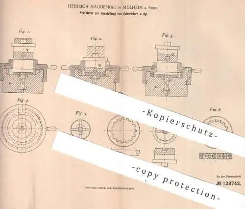 original Patent - Heinrich Mägdefrau , Mülheim / Ruhr , 1900 , Pressform zur Zahnräder - Herst. | Zahnrad , Form Formen