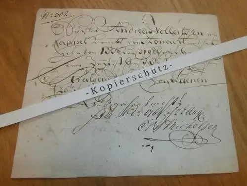 Hafenschein Hohwacht b. Plön / Stralsund - 1761 - Mecklenburg , mit Signatur v. Kapitän , Angabe zu Schiff und Ladung