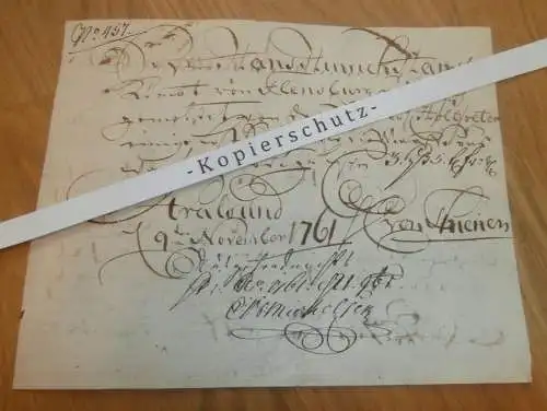 Hafenschein Flensburg / Stralsund - 1761 - Mecklenburg , mit Signatur v. Kapitän , Angabe zu Schiff und Ladung !!