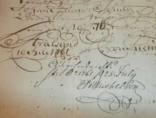 Hafenschein Wolgast / Stralsund - 1761 - Danzig , Mecklenburg , mit Signatur v. Kapitän , Angabe zu Schiff und Ladung !!